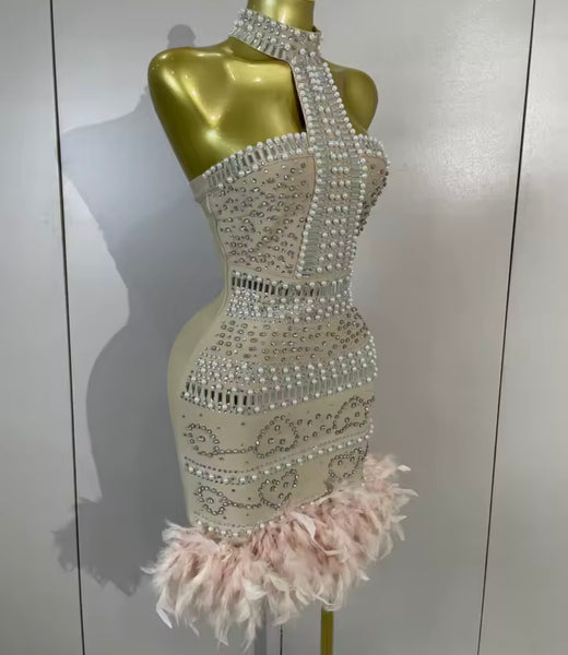 Women Sexy Halter Sleeveless Pearl Rhinestone Feather Dress