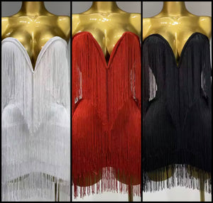 Women Sexy Strapless Solid Color Fringe Tassel Dress