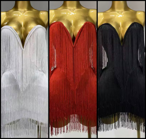 Women Sexy Strapless Solid Color Fringe Tassel Dress