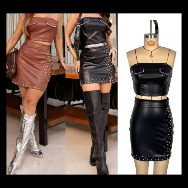 Women Sexy Strapless Rivet PU Two Piece Skirt Set