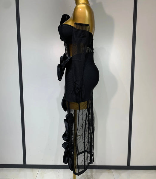 Women Sexy Black One Shoulder 3D Floral Mesh Maxi Dress
