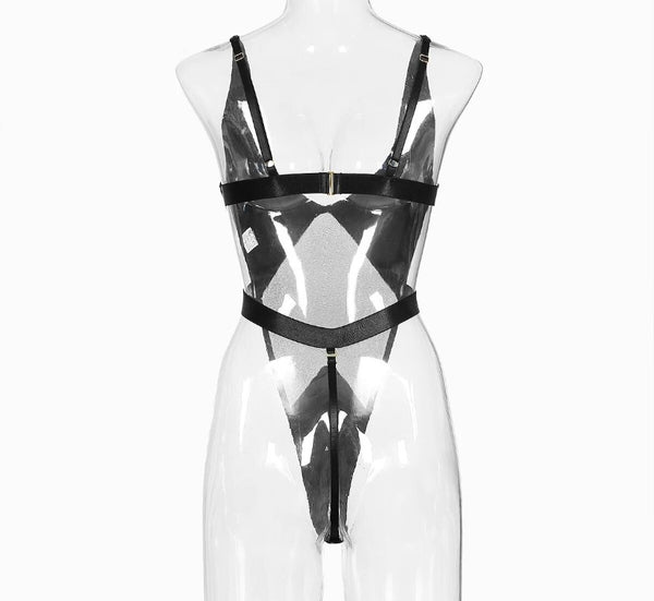 Women Sexy Sleeveless PU Mesh Black Bodysuit Lingerie