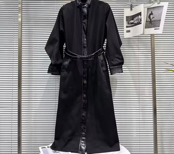 Women Black Button Up PU Patchwork Long Trench Jacket
