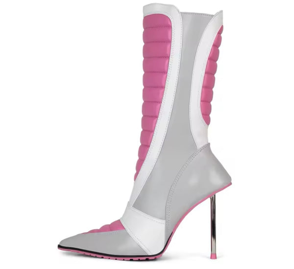 Women Color Patchwork Pointed Toe Faux Leather Ankle Boots