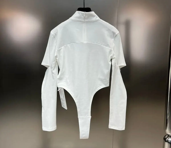 Women Fashion Cut Out Solid Color Full Sleeve Bodysuit Top