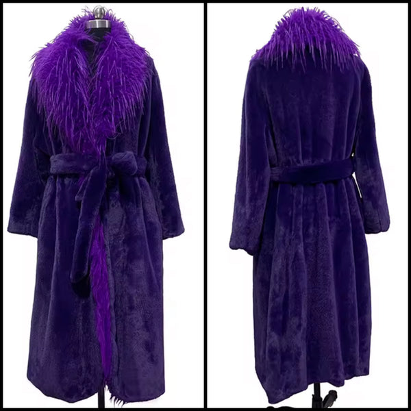 Women Purple Faux Fur Fashion Trench Warm Coat