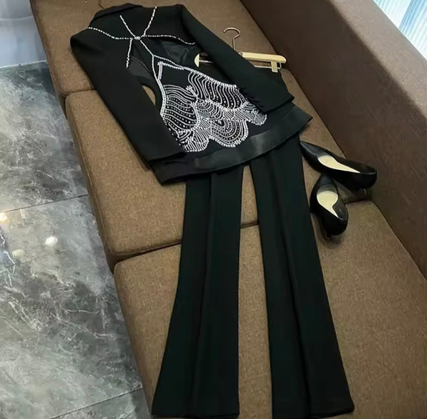 Women Sexy Black Rhinestone Print Open Back Blazer Two Piece Pant Set