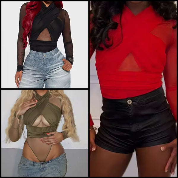 Women Sexy Fashion Criss Cross Mesh Full Sleeve Bodysuit Top