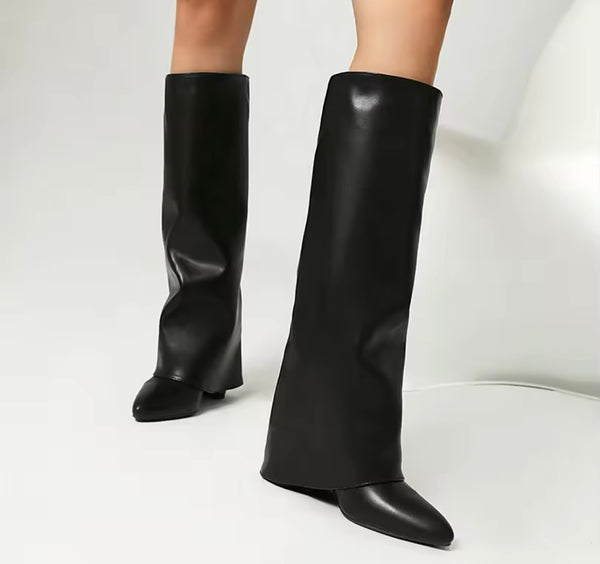 Women Color Pointed Toe Faux Leather Knee High Boots
