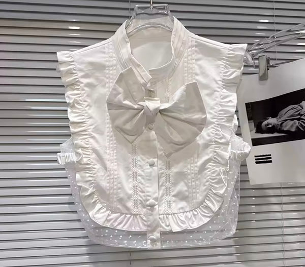 Women Ruffled Bow Button Up Sleeveless Top