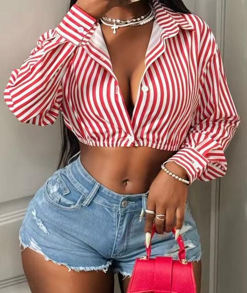 Women Color Striped Button Up Fashion Full Sleeve Crop Top