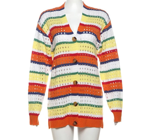 Women Fashion Multicolored Striped Button Up Knitted Top