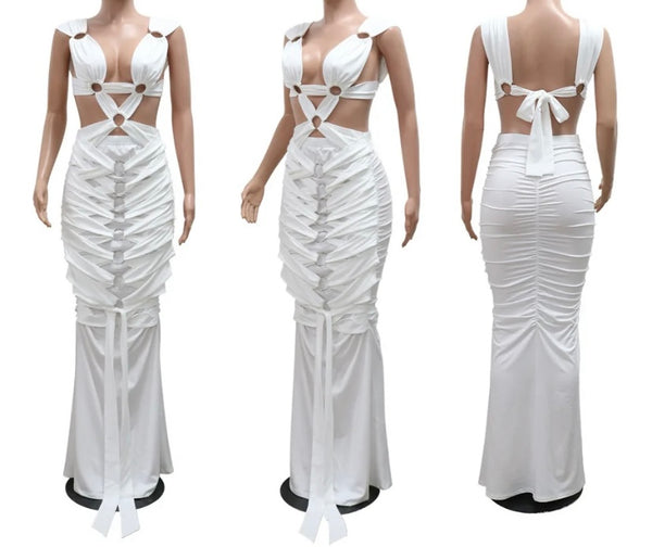 Women Sexy Sleeveless Mesh Lace Up Open Back Maxi Dress