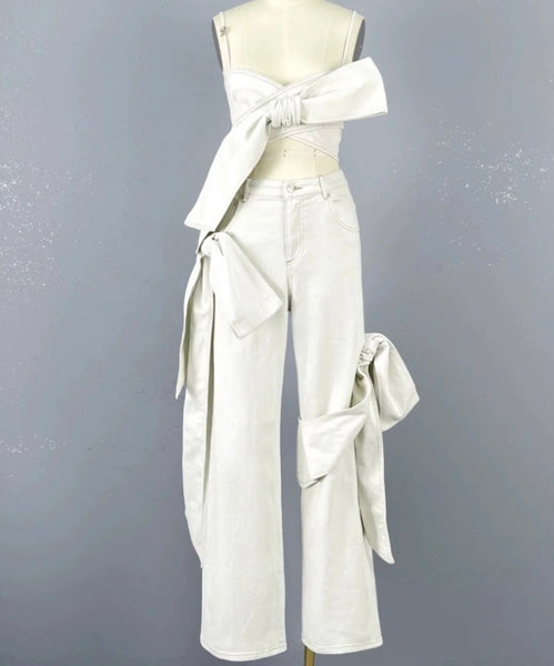 Women Sexy Fashion Sleeveless Tie Up Denim Two Piece Pant Set