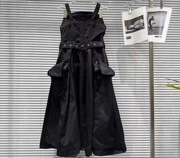 Women Sleeveless Button Belted Dress