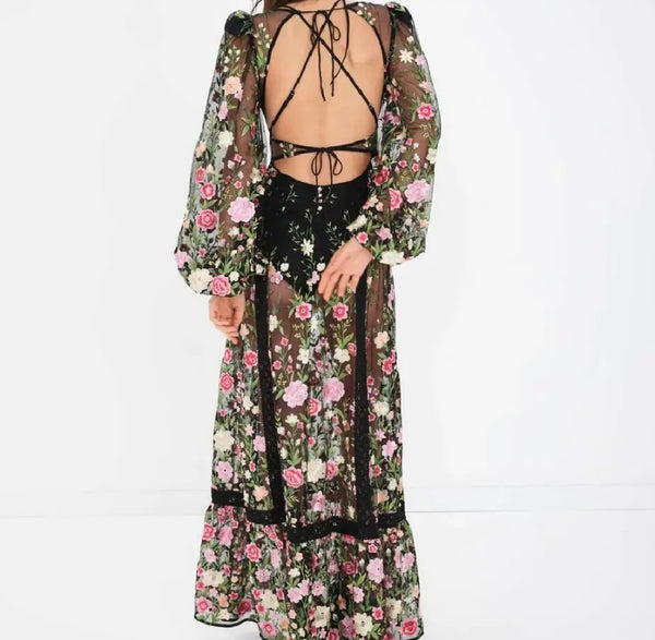 Women Sexy Mesh Floral Open Back Full Sleeve Maxi Dress