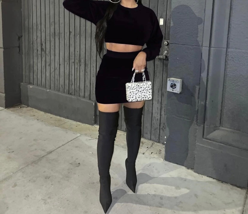 Women Solid Color Full Sleeve Crop Two Piece Fashion Skirt Set