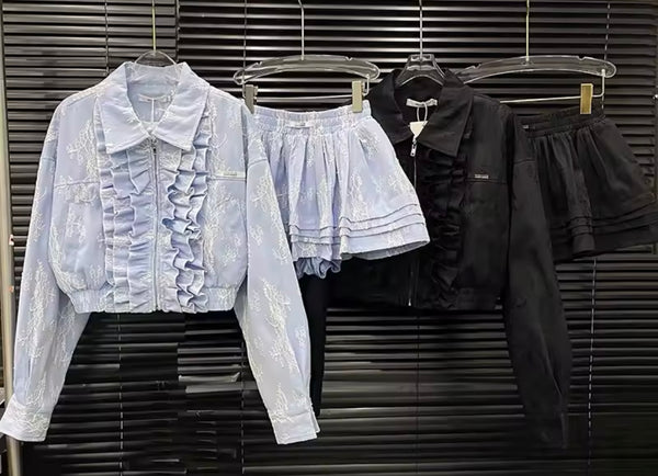 Women Fashion Ruffled Lace Jacket Two Piece Skirt Set