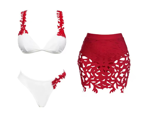 Women Sexy Printed Strap Color Patchwork Bikini Cover Up Set