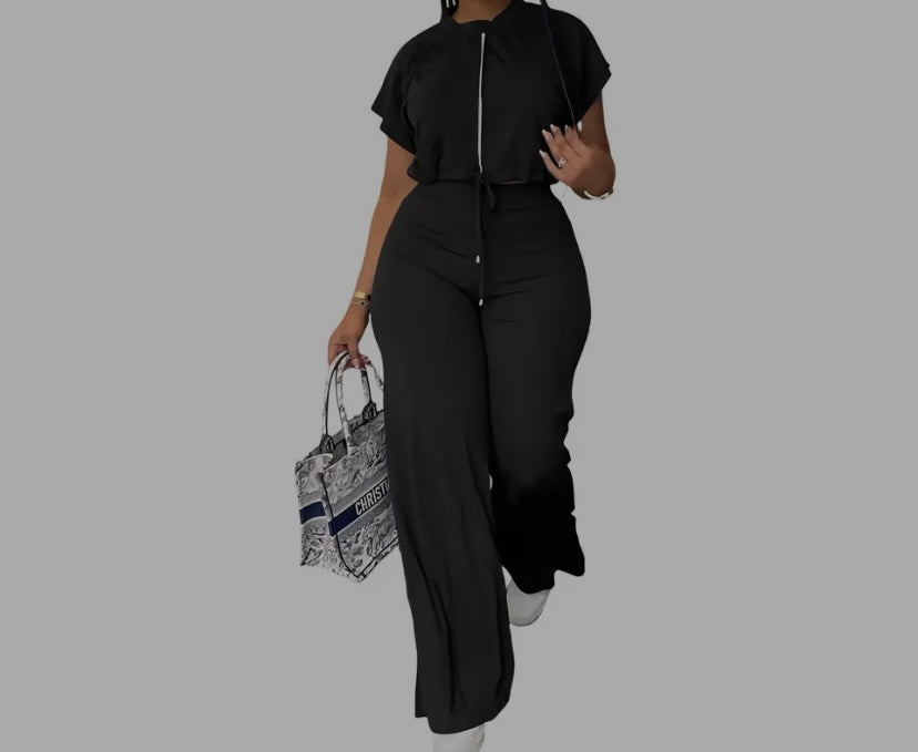 Women Fashion Zip Up Short Sleeve Fashion Two Piece Pant Set