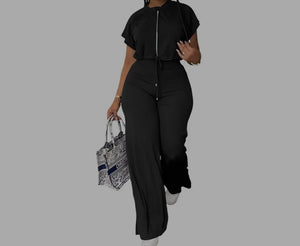 Women Fashion Zip Up Short Sleeve Fashion Two Piece Pant Set