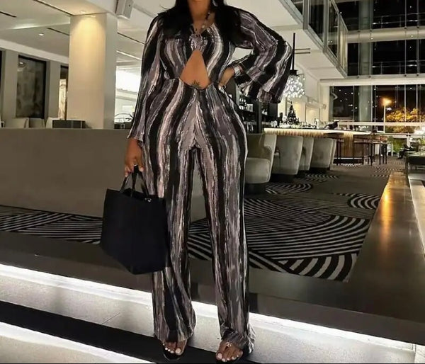 Women Cut Out Full Sleeve Color Patchwork Sexy Jumpsuit