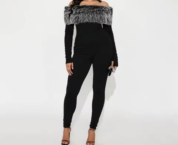 Women Fur Off The Shoulder Full Sleeve Fashion Jumpsuit