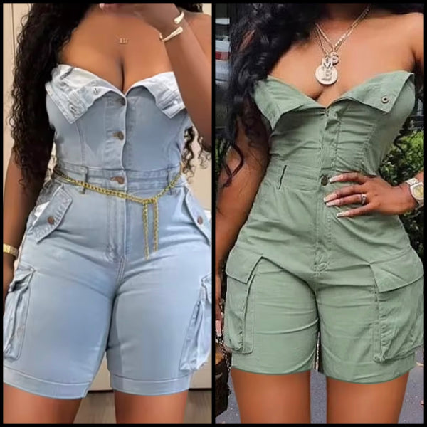Women Strapless Button Up Fashion Cargo Romper