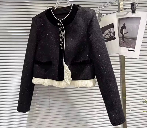 Women Fashion Sparkly B&W Lace Button Up Blazer Two Piece Pant Set