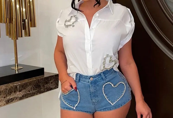 Women Fashion Short Sleeve Heart Rhinestone Button Up Top