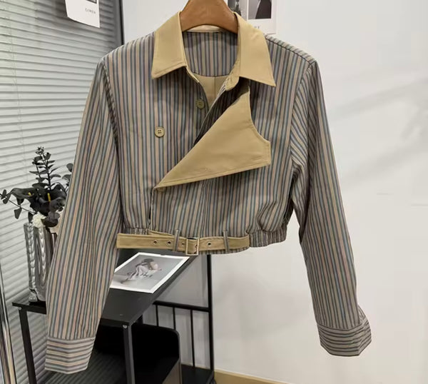 Women Fashion Striped Double Breasted Buckle Jacket