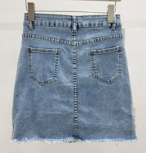 Women Fashion Pearl Bling Denim Skirt