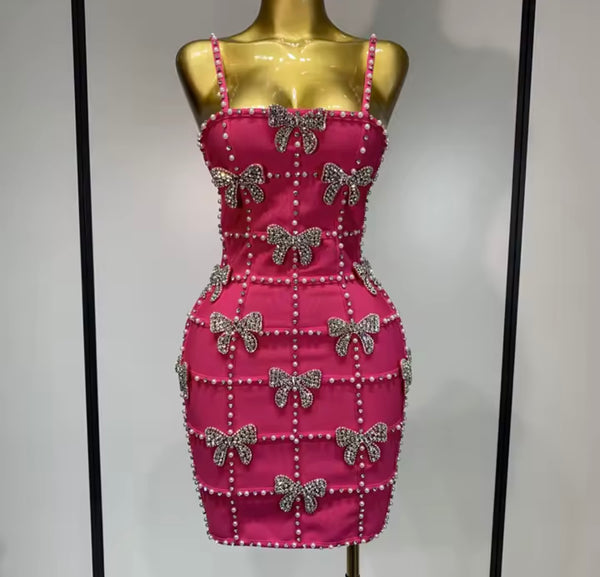 Women Pink Beaded Bow Sexy Sleeveless Dress