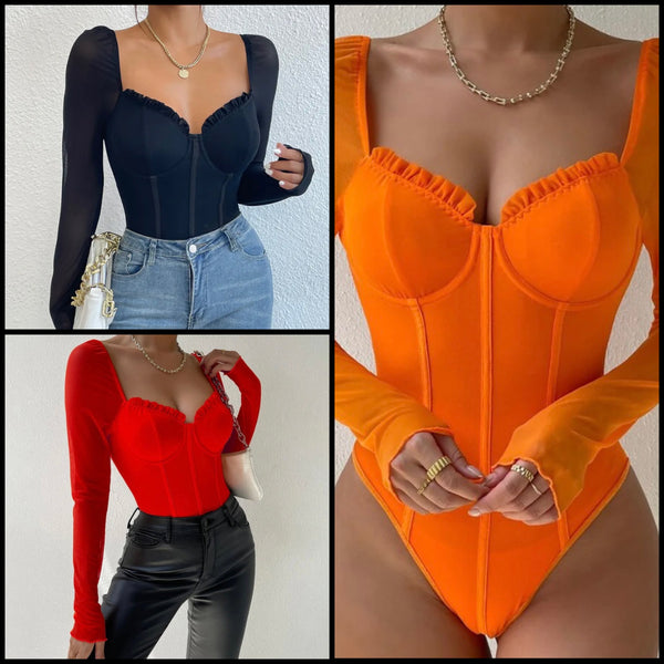 Women Sexy Solid Color Full Sleeve Ruffled Bodysuit Top