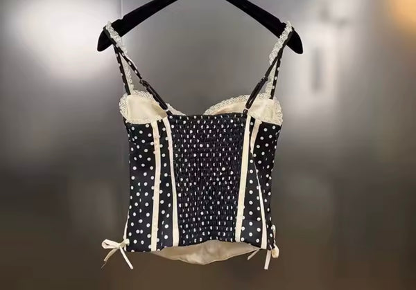 Women Sleeveless Polka Dot Two Piece Bow Skirt Set