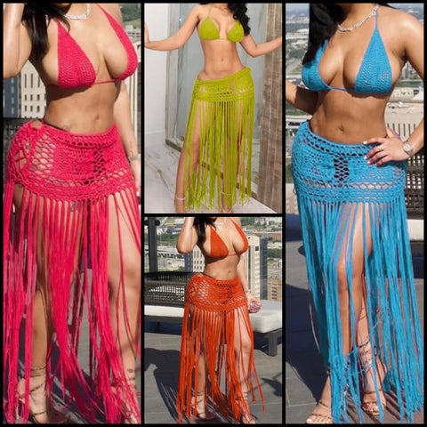 Women Color Sexy Knitted Tassel Two Piece Beachwear