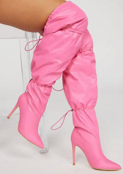 Women Fashion Faux Leather Pink Drawstring Knee High Boots