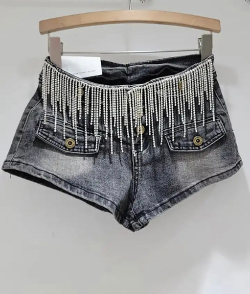 Women Fashion Pocket Rhinestone Tassel Denim Shorts