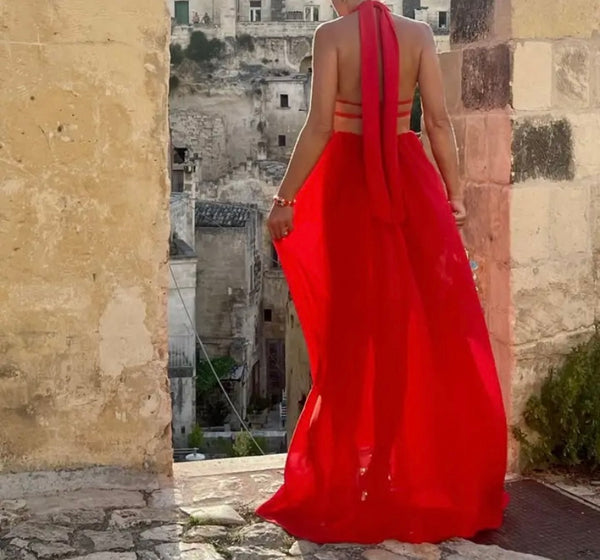 Women Red Sleeveless Sexy Split Maxi Dress