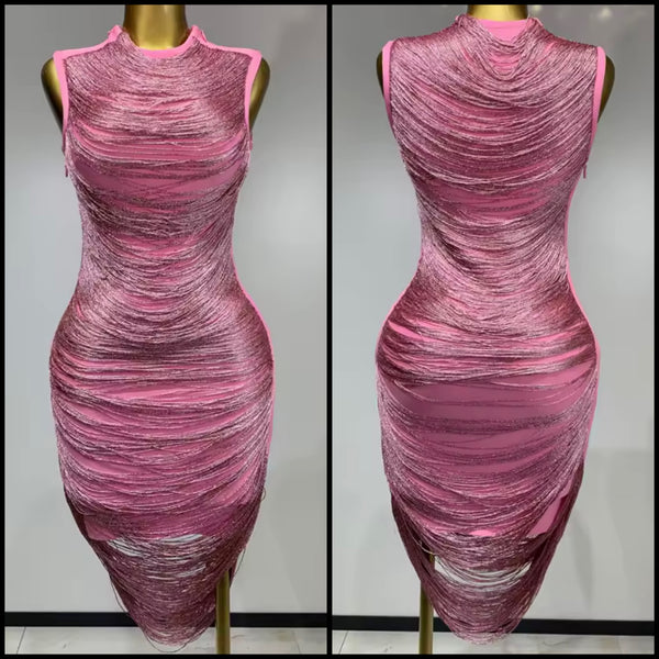 Women Pink Sleeveless Tassel Sexy Dress