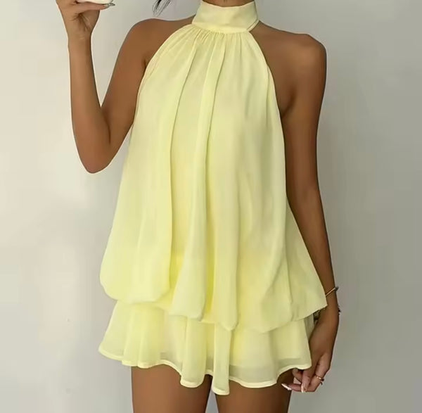 Women Sexy Halter Sleeveless Ruffled Mesh Dress