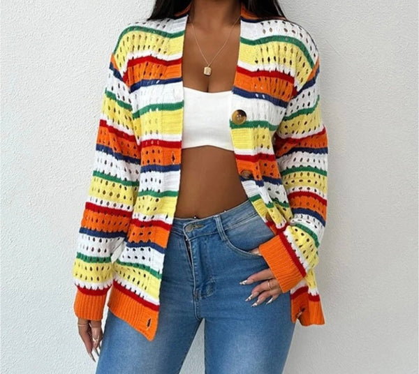 Women Fashion Multicolored Striped Button Up Knitted Top