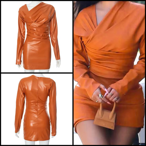 Women Orange Faux Leather Ruched Sexy Full Sleeve Dress