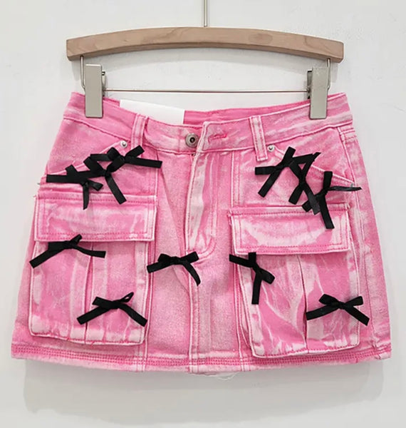 Women Sexy Fashion Color Bow Denim Skirt