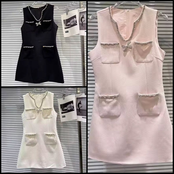 Women Sleeveless Rhinestone Patchwork Pocket Dress