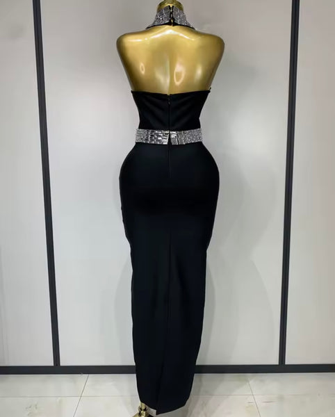 Women Black Bling Halter Sexy Sleeveless Maxi Dress