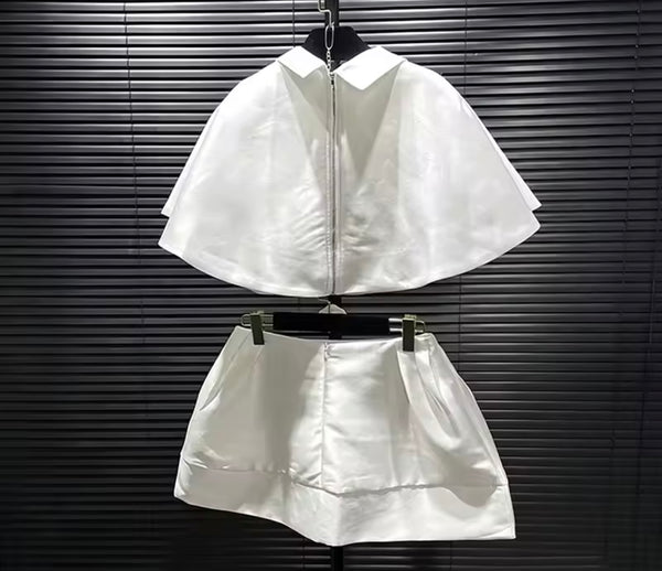 Women White Fashion Collar Shawl Two Piece Skirt Set