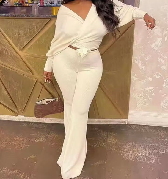 Women Fashion Full Sleeve Tie Up Crop Two Piece Pant Set