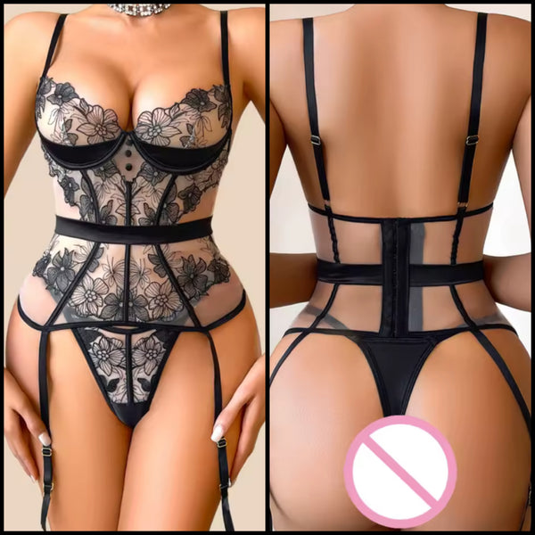 Women Sexy Black Floral Mesh Lingerie Set