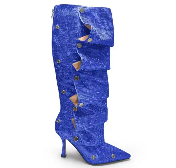 Women Fashion Pointed Toe Bling Button Knee High Boots